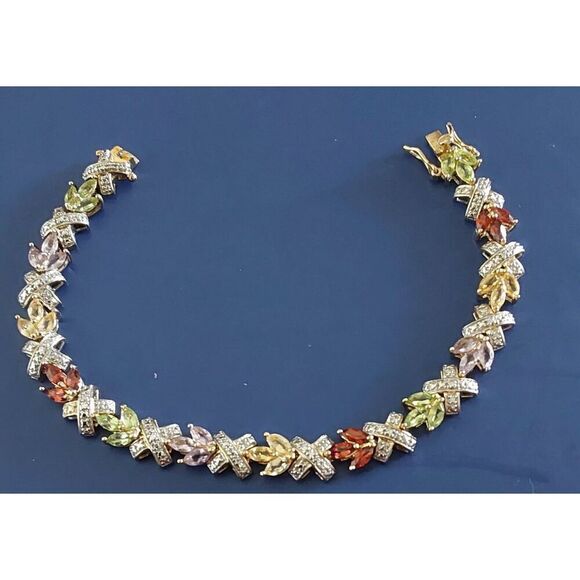 Gorgeous 18K/925SS "XO" Diamond Accent Multi-Gemstone Tennis Bracelet - Picture 2 of 4